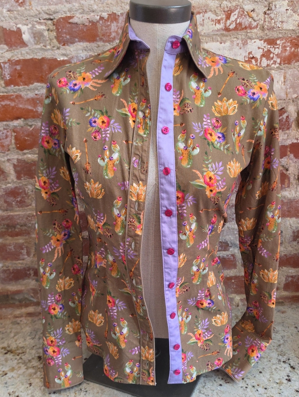 Floral Print Brown Button-Up Shirt with Lavender Trim - 1657